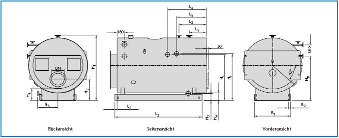 Tehnički opis 3 Detaljne dimenzije Pogled straga Bočni pogled Pogled sprijeda 23/1 Detaljne dimenzije kotlova Logano SND615 (mjere su u mm) Veličina kotla 350 500 800 1250 2000 3200 B 3 mm 450 500