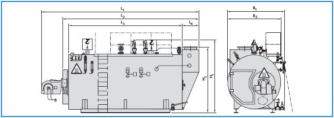 3 Tehnički opis Veličina kotla 10000 12000 13000 14000 16000 17000 18000 22000 28000 Položaj priključka Dimovodni priključak Temeljni okvir kotla 1) DN za cijevni priključak prema DIN EN 12220.