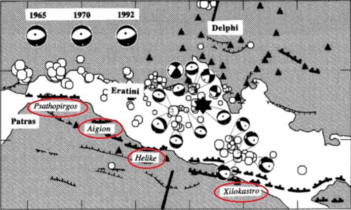 με το ρήγμα του Ψαθοπύργου ορίζουν τα περιθώρια του νότιου Κορινθιακού Κόλπου (Εικ. 12-13) (Moretti et al., 2003). Εικ. 12.: Χάρτης σεισμικότητας για τα σεισμικά γεγονότα του 1965, 1970, 1992.