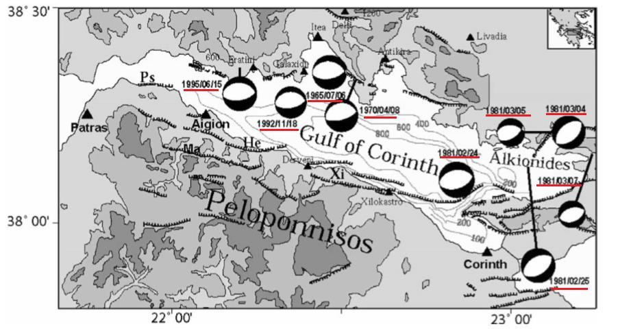 Εικ. 25: Ενεργά ρήγματα στην περιοχή του Κορινθιακού Κόλπου και σημαντικοί σεισμοί που έχουν καταγραφεί από το 1965 και μετά (Bernard et al., 1997). Εικ.