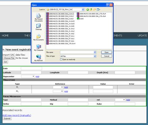 Αρχικά, επιλέγεται η εντολή UPDATENew Εvent και μέσω της εντολής choose file, που βρίσκεται κάτω από την εντολή import SAC data files, αναδύεται ένα παράθυρο (Εικ.