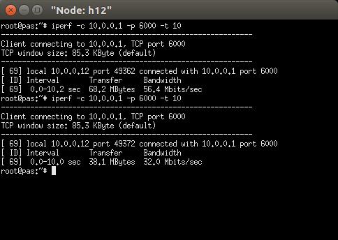 Ορίζουμε δύο priority queues με ελάχιστο/μέγιστο 20 Mb/s/50 Mb/s και 50 Μb/s/100 Mb/s. Δημιουργούμε δύο tcp servers στους hosts ένα και δύο.