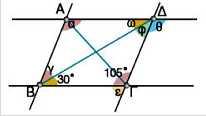 Να υπολογίσεις τις γωνίες α, β και γ του σχήματος. 96.Στο τετράπλευρο ΑΒΓΔ του διπλανού σχήματος είναι: ΑΒ//ΓΔ και ΑΔ//ΒΓ. Να υπολογίσεις όλες τις σημειωμένες γωνίες.