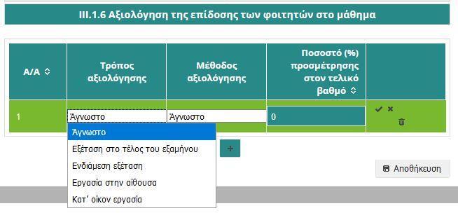 Στη στήλη Μέθοδος αξιολόγησης, κάνοντας κλικ μέσα στο κελί, εμφανίζεται επίσης μία λίστα με τις προτεινόμενες επιλογές, από τις οποίες επιλέγετε αυτή που επιθυμείτε.