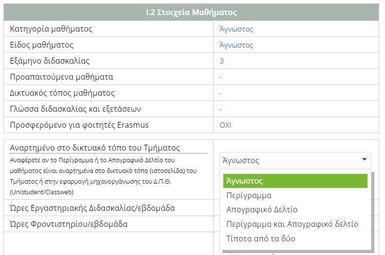 Εικόνα 6: Τροποποίηση στοιχείων σχετικά με την ανάρτηση του Περιγράμματος/Απογραφικού Δελτίου Μαθήματος Στα πεδία Ώρες Εργαστηριακής Διδασκαλίας/εβδομάδα και Ώρες Φροντιστηρίου/εβδομάδα συμπληρώνετε