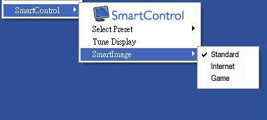 Tune Display (Εμφάνιση ρυθμίσεων) - Ανοίγει τον πίνακα ελέγχου του SmartControl Lite. SmartImage Lite Έλεγχος των τρεχουσών ρυθμίσεων, Κανονική, Internet, Παιχνίδι.