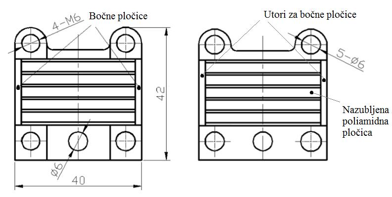 Nazubljene poliamidne pločice koje služe za prihvat tetive montiraju se (lijepe) u predviđena mjesta u kučištima. Korak između zubi poliamidne pločice je P = 4 mm, a visina zubi h P = 1,6 mm.