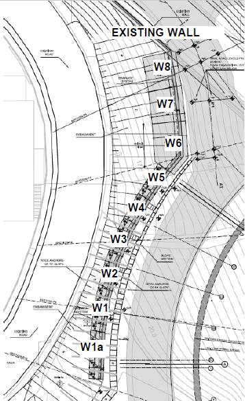 Στο επόμενο σχήμα παρουσιάζεται μια κάτοψη του συγκροτήματος των τοίχων αντιστήριξης W1a-W8