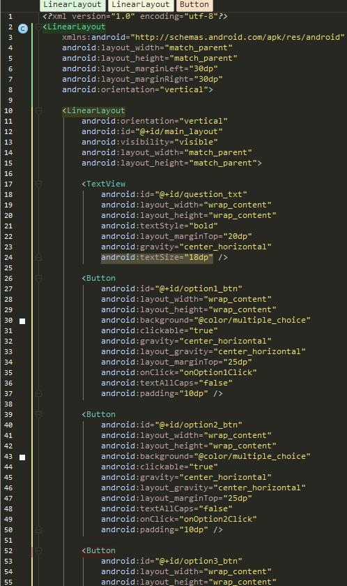 Εικόνα 4-26: Διάταξη MultipleChoiceActivity Η συγκεκριμένη διάταξη έχει ένα πεδίο κειμένου που θα γεμίσει με την τρέχουσα ερώτηση και 4 κουμπιά, τα οποία θα λάβουν τις