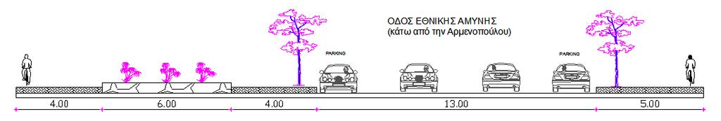 πλάτους 6µ και πεζοδρόµιο πλάτους 4µ. Από τη δεξιά πλευρά της διατοµής, δίπλα από τον ποδηλατόδροµο, υπάρχει πεζοδρόµιο πλάτους 3,80µ.