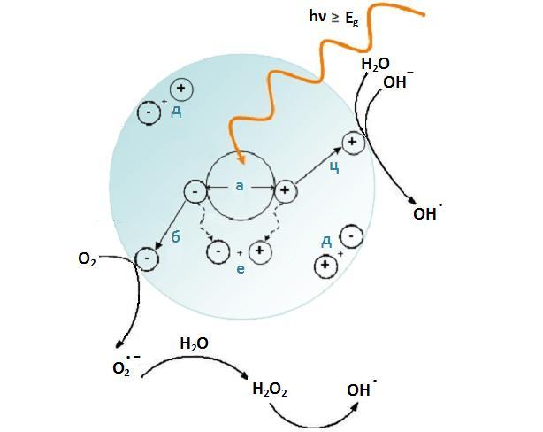 Теоријски део O 2 + H + HO 2 (7) O 2 + HO 2 + H + H 2 O 2 + O 2 (8) Такођe формирање OH радикала из водоник пероксида (H 2 O 2 ), који настаје у току фотокаталитичке реакције, може се представити: H