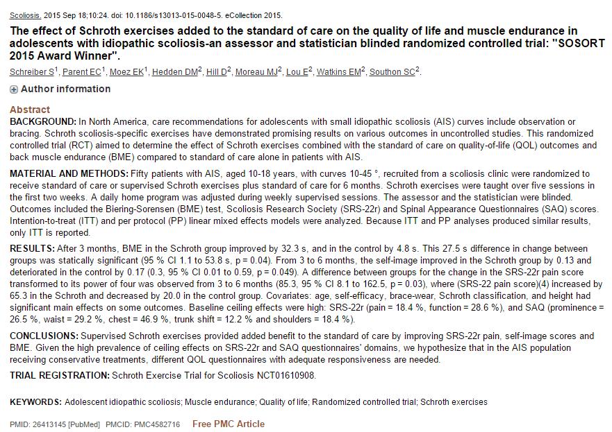RCT Schreiber et al 2015 The effect of Schroth exercises added to the standard of care on the quallity of life and muscle endurance in adolescents with idiopathic scoliosis an assessor and