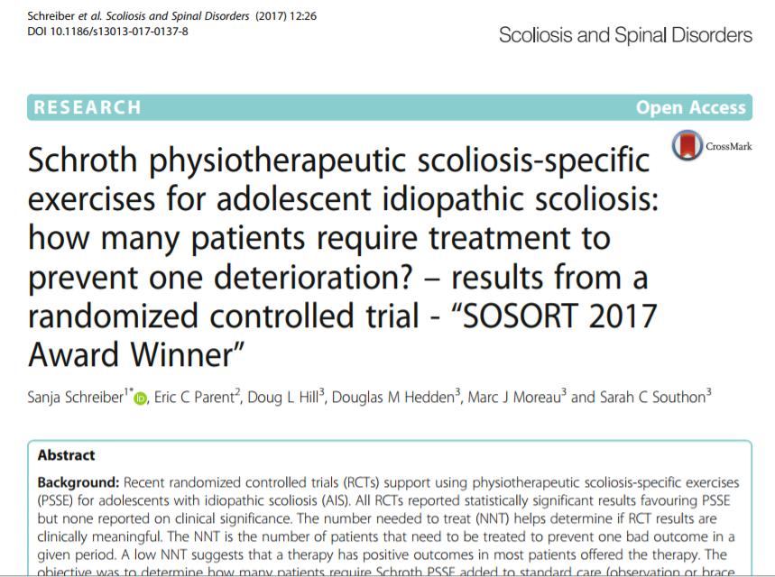 RCT Schreiber et al 2017 Schroth physiotherapeutic scoliosis-specific exercises for adolescent idiopathic scoliosis: how many patients require treatment to prevent one deterioration?