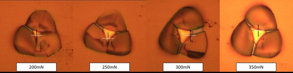 Εικόνα 6.55 Οπτική απεικόνιση εντυπωμάτων σε υμένιο χαλκού 300nm για φορτία από 200mN εως 350mN που αντιστοιχούν στις καμπύλες φορτίου-βάθους διείσδυσης της εικόνας 6.