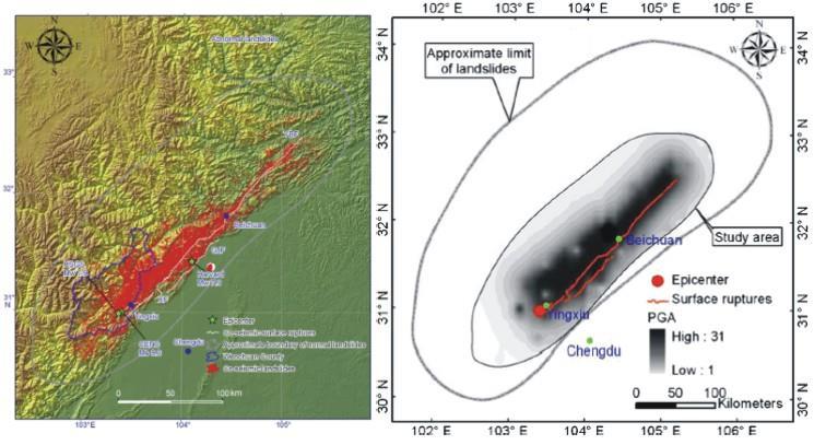 Εικόνα 1. Στην αριστερή εικόνα παρατηρούμε με κόκκινο χρώμα την κατανομή των κατολισθήσεων γύρω από το ρήγμα που προκάλεσε τον σεισμό του Wenchuan στις 12 Μαΐου του 2008.