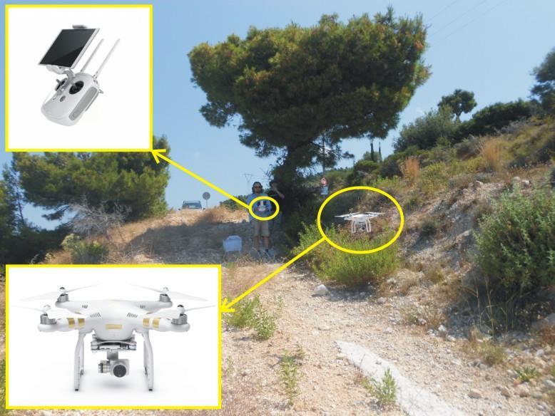 Εικόνα 16. Στη φωτογραφία παρατηρούμε την διαδικασία πτήσης του drone DJI Phantom 3 Professional, κατά την έρευνα κατολισθήσεων στην Λευκάδα κατά το χρονικό διάστημα 10-15/07/2016.