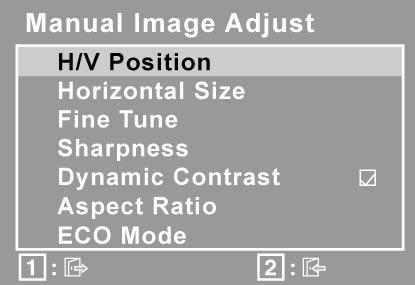 Χειριστήρια Επεξήγηση Manual Image Adjust (Χειροκίνητη Ρύθμιση Εικόνας) εμφανίζει το μενού Χειροκίνητης Ρύθμισης Εικόνας. H./V. Position (Ο./Κ.