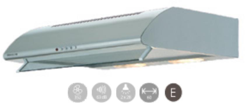 slimline Διάμετρος εξόδου: 120 mm Χρώμα: λευκό/ καφέ 1,33 67,74 84 OLYMPIA 2M CHROME Φωτισμός: 2x28 W Halogen Ελεύθερη απορρόφηση: 493 m3/h Μέγιστη απορρόφηση IEC: 352