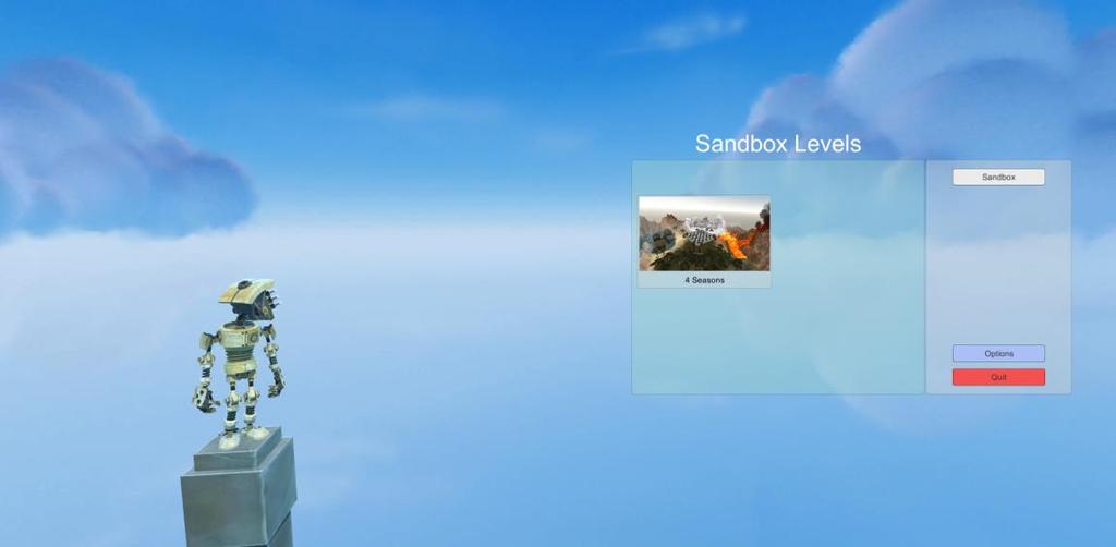 Εικόνα 42. Το αρχικό μενού του παιχνιδιού. Ως φόντο χρησιμοποιείται ένα κωμικά σχεδιασμένο κουτί ουρανού (skybox) και στη δεξιά πλευρά της οθόνης βρίσκεται η γραφική διεπαφή χρήστη.