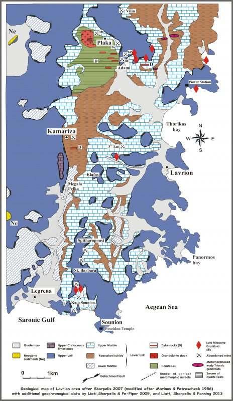 Εικόνα 6 Γεωλογικός χάρτης της περιοχής του Λαυρίου ( Skarpelis, 2007, after Marinos & Petrascheck, 1956,