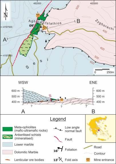 Εικόνα 7 Γεωλογικός χάρτης περιοχής Σέσι, κεντρικός Υµηττός και γεωλογική τοµή (Α-Β) (Stouraiti et al., 2016). 3.3 Μεταλλείο Αγ.