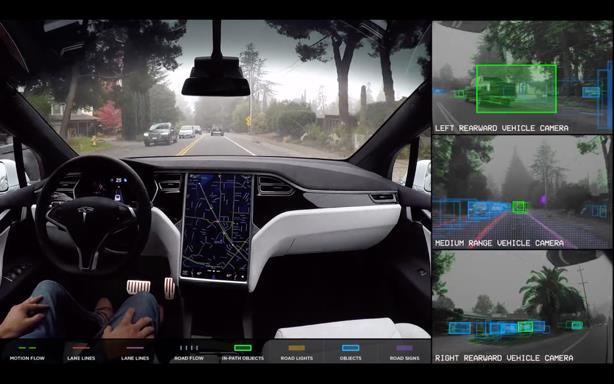 Εικόνα 1.5: Άποψη του εσωτερικού και των καμερών ενός Tesla κατά τη διάρκεια διαδρομής με σύστημα Auto Pilot (Tesla Motors, 2016).