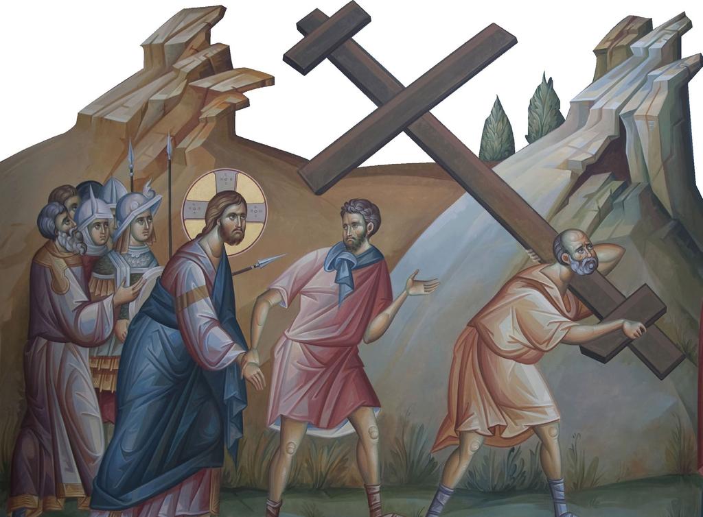 РАСПНУВАЊЕТО И СМРТТА НА ИСУСА ХРИСТА Воjниците Го земаат Исуса и Го водат на распетие. Му го ставаат тешкиот крст на Неговите и онака истоштени и разранети од камшикувањето, рамена.