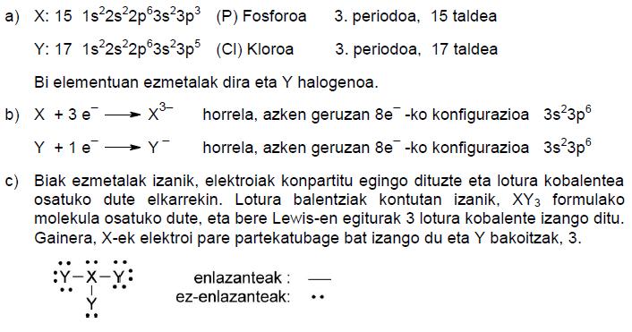 46. (12 Ekaina) Demagun (X) 15 eta (Y) 17 zenbaki atomikoko elementuak ditugula.