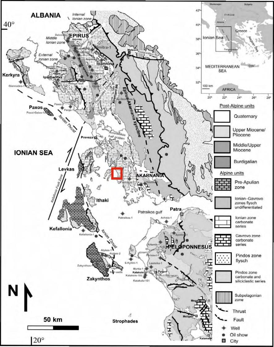 Εικόνα 3.1: (αριστερά) Γεωλογικός χάρτης Δυτικής Ελλάδος ( Karakitsios et.al 2013). Στο κόκκινο πλαίσο φαίνεται η περιοχή μελέτης.