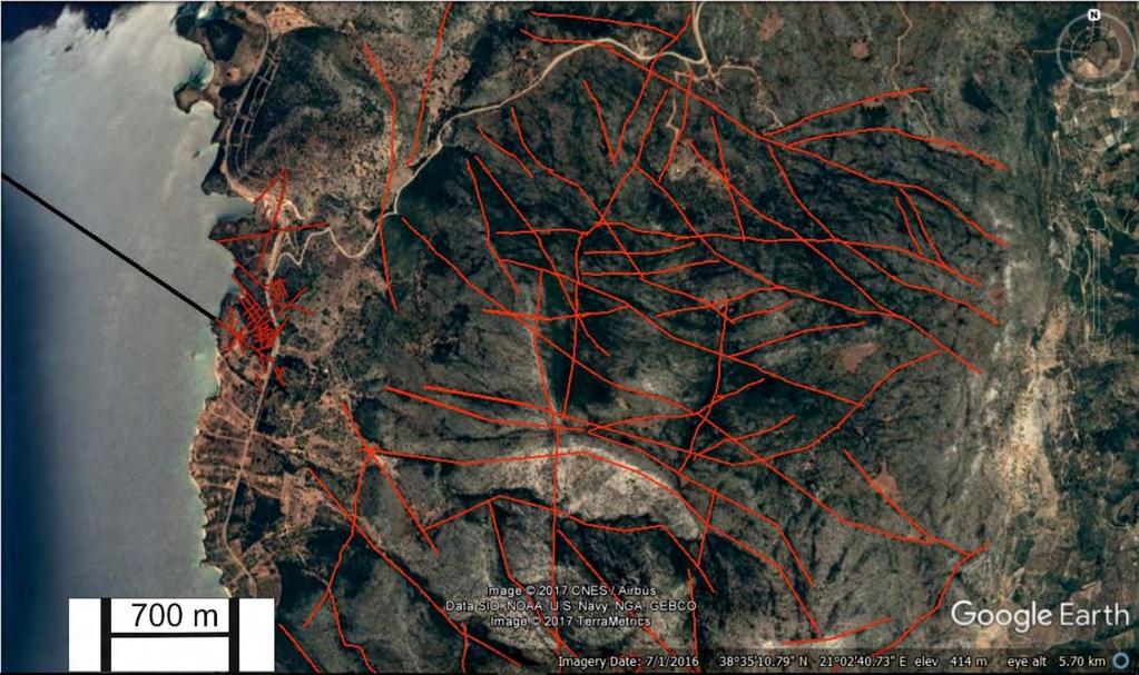 ΚΕΦΑΛΑΙΟ -4- ΑΠΟΤΕΛΕΣΜΑΤΑ 4.1. Συστήματα ρηγμάτων Στην ευρύτερη περιοχή χαρτογραφήθηκαν τα κύρια ρήγματα χρησιμοποιώντας τις αεροφωτογραφίες που είναι διαθέσιμες από το Google Earth (Εικόνα 4.1).