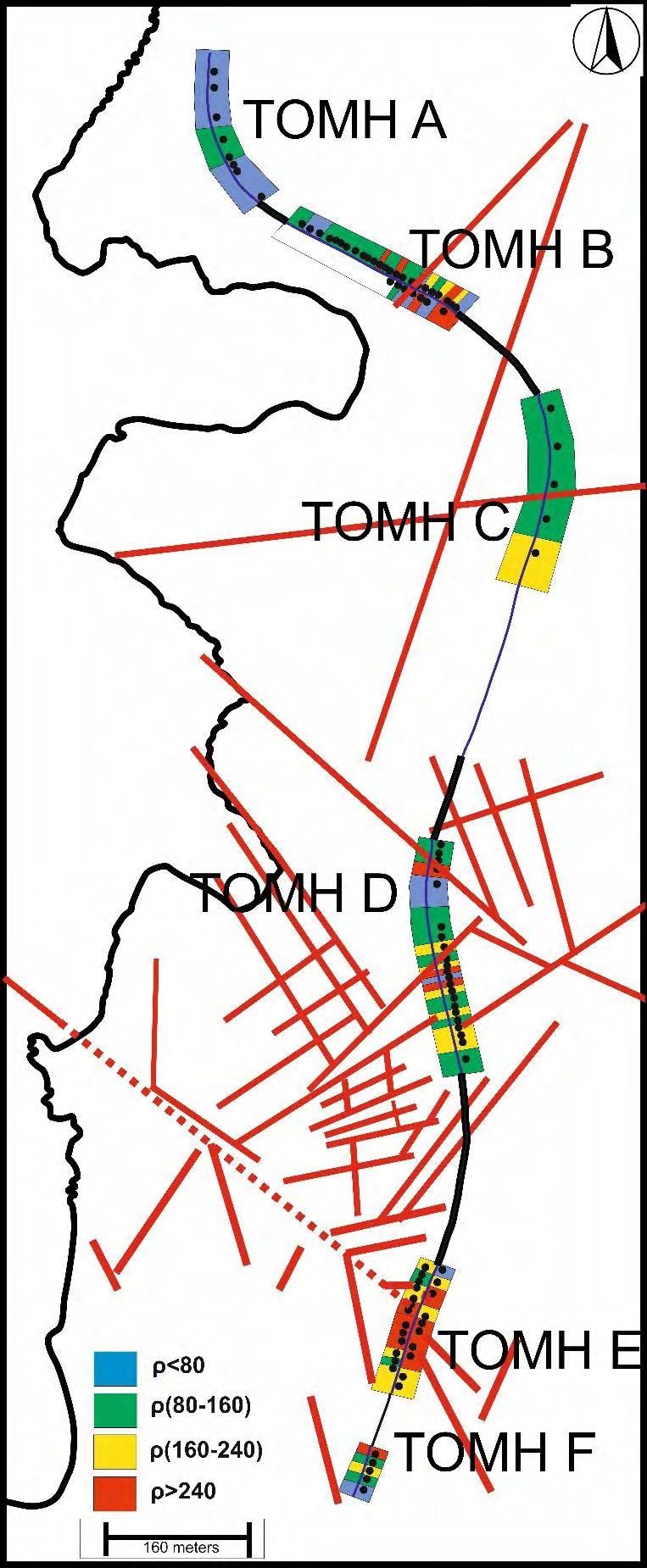 Εικόνα 5.2: Χάρτης της περιοχής μελέτης με έκθεση της πυκνότητας διακλάσεων για κάθε δειγματοληπτική θέση.