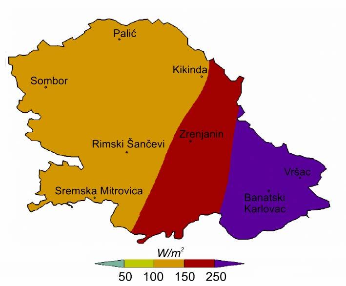 3. Ресурс ветра у Србији Ови подаци су интерполирани за целокупну територију Војводине и искоришћени су за формирање мапа ветра на 10 m, 25 m, 50 m, 100 m и 200 m изнад тла, слика 3.5. Слика 3.