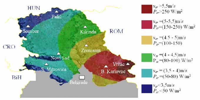 3. Ресурс ветра у Србији подручја и мерења на стубовима посебно намењених за процену ресурса енергије ветра.