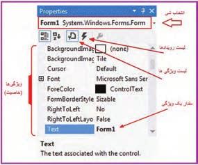شکل 22 5 پنجره Properties در این پنجره ویژگی ها و خواص شئ و همچنین واکنش به رویدادهای هر شئ را می توانیم مقداردهی و تنظیم کن یم.