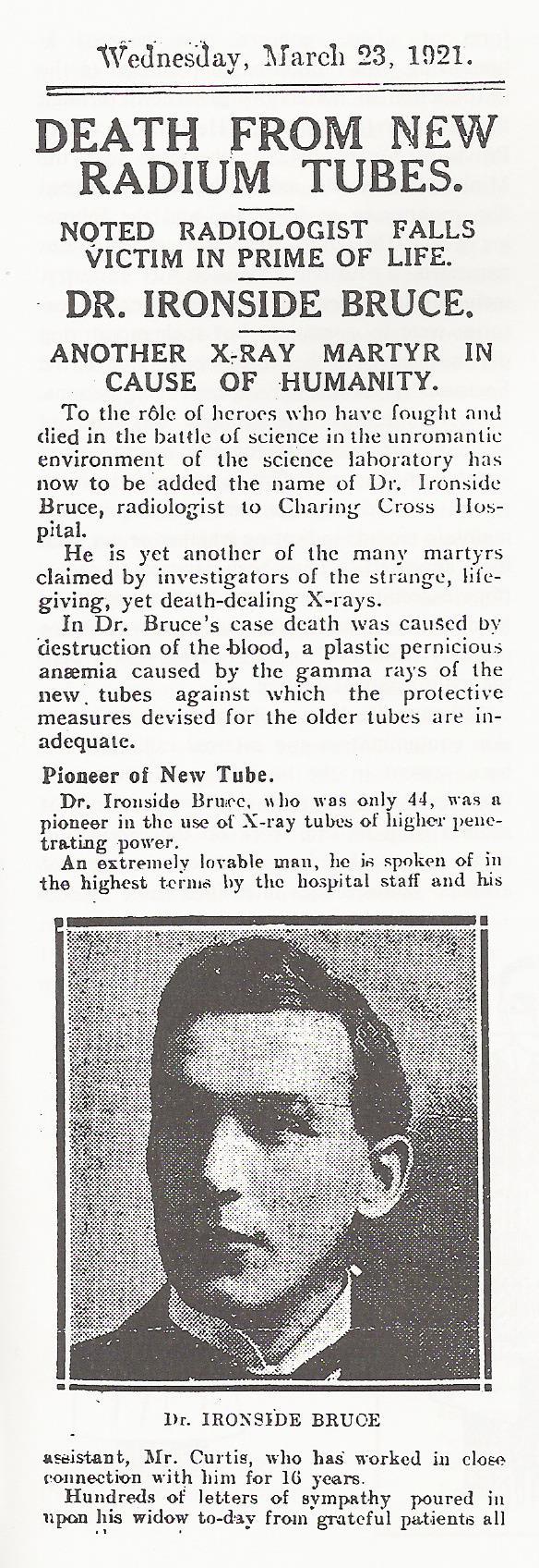 ΠΑΡΕΝΕΡΓΕΙΕΣ Αγγλική εφημερίδα αναφέρει το θάνατο του Dr Ironside Bruce το 1921, σε ηλικία 44 ετών από