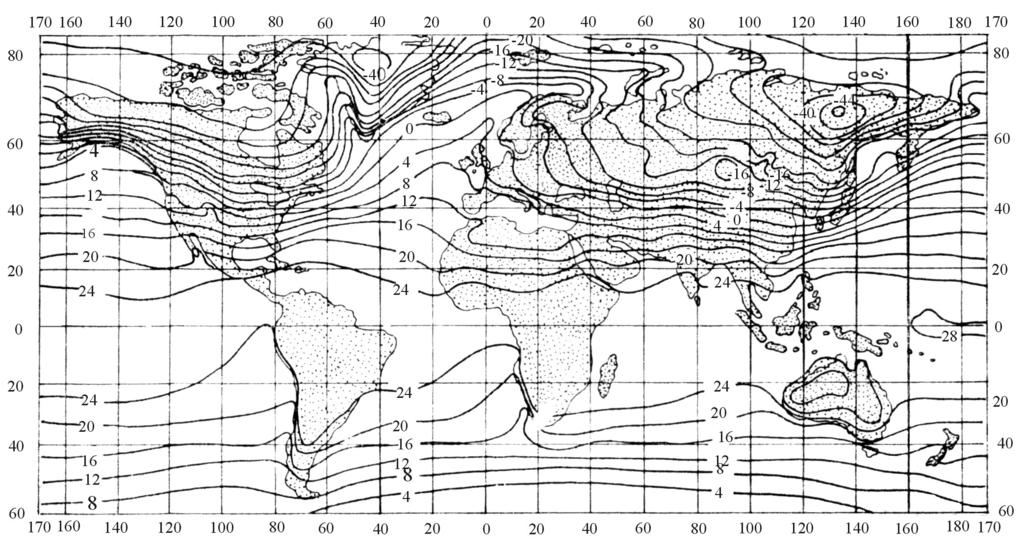 3.5.5.6 Distribuţia geografică a temperaturii aerului Repartiţia temperaturii aerului la suprafaţa pământului se studiază cu ajutorul hărţilor cu izoterme.