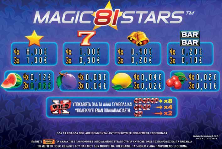 3.9.3 MAGIC STARS 81 / ΠΙΝΑΚΑΣ ΠΛΗΡΩΜΩΝ / ΑΠΟΔΟΣΕΩΝ Το συνολικό κέρδος δεν μπορεί να υπερβεί τα 5.000œ ανά αγορασμένο παιχνίδι σύμφωνα με τον σχετικό κανονισμό της Ε.Ε.Ε.Π. Αν φτάσετε το όριο, το αγορασμένο παιχνίδι τελειώνει αμέσως.