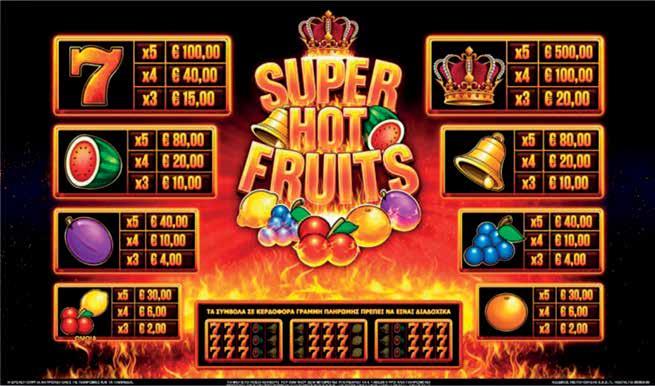 5.5.3 SUPER HOT FRUITS/ ΠΙΝΑΚΑΣ ΠΛΗΡΩΜΩΝ/ΑΠΟΔΟΣΕΩΝ Μόνο το βραβείο με το μεγαλύτερο αριθμό διαδοχικών συμβόλων πληρώνεται. Το κέρδος δεν μπορεί να υπερβεί τα 5.