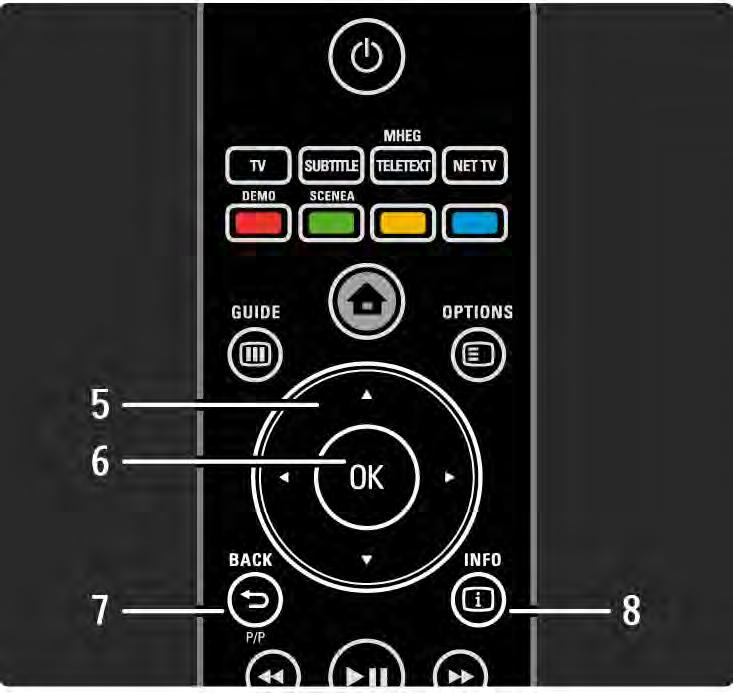 2.1.1 Қашықтан басқару пультін шолу 2/6 5 Navigation (Жылжу) түймесі Жоғары, төмен, солға немесе оңға жылжытады. 6 OK түймесі Арналарды жалпы шолу функциясын ашады. Таңдалған тармақты іске қосады.