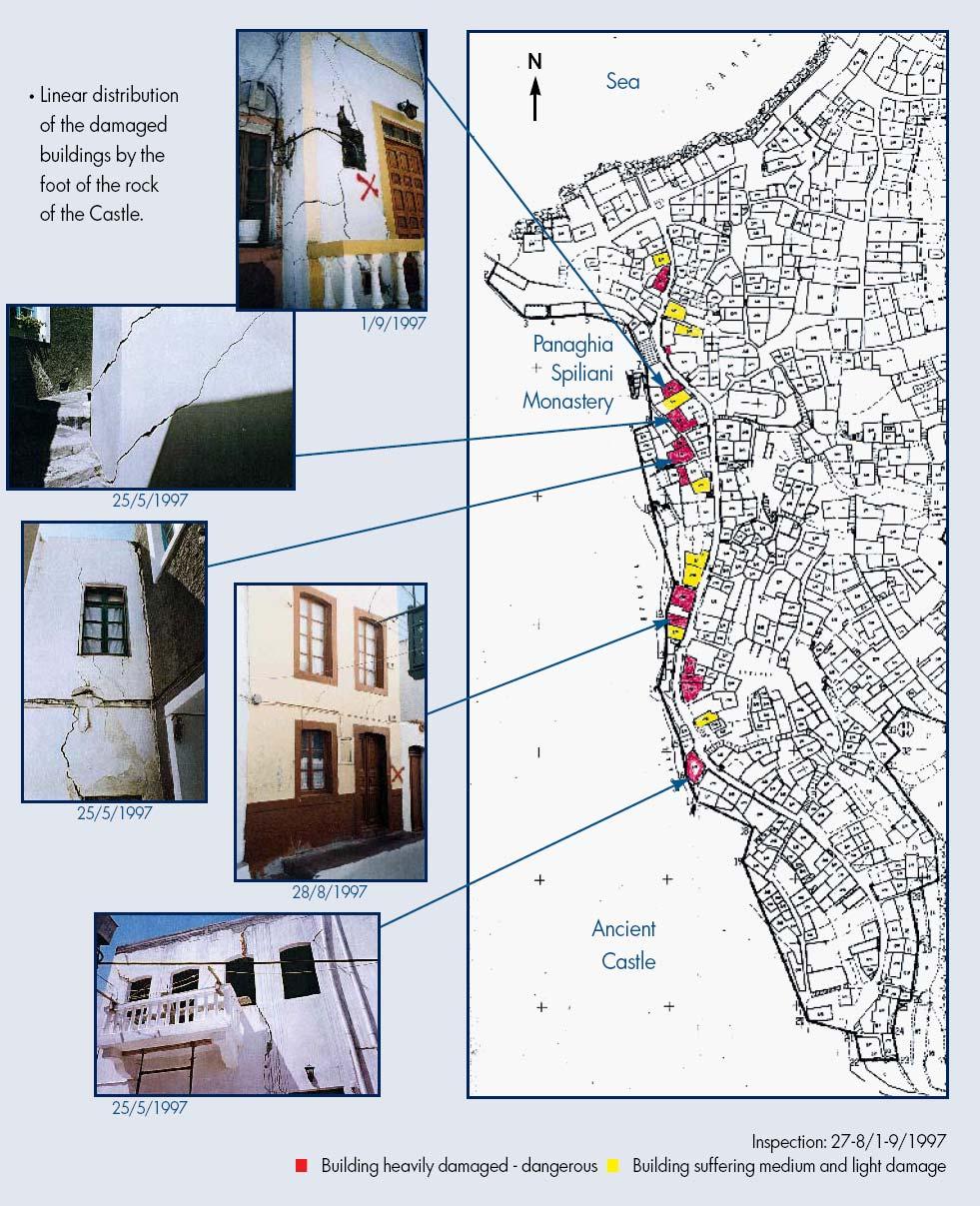 Εικόνα 12 Οι ζημιές στο Μανδράκι με την γραμμική κατανομή των κτηρίων που υπέστησαν ζημιές, παράλληλα στο ενεργό ρήγμα. (Ιoannidis, 1998).