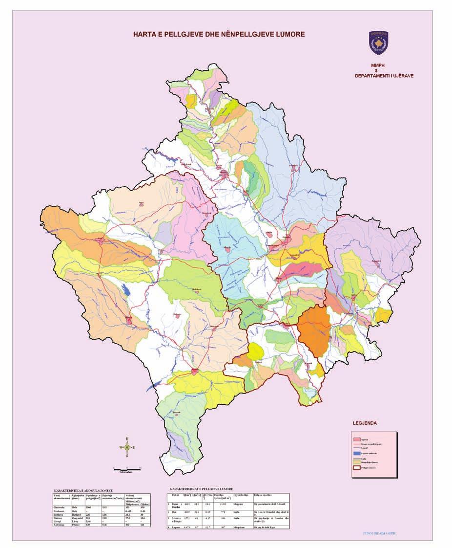 Harta 2: Pellgjet dhe nënpellgjet lumore Rrjeti hidrometrik përbëhet nga një numër i stacioneve matëse nëpër lumenj, ku kryhen matje të vazhdueshme kualitative dhe të koordinuara mbi vëllimin e ujit