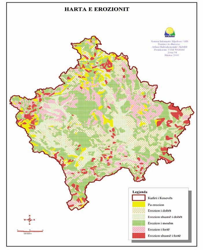 Harta 5 : Zonat erozive Ujitja e tokave - Rreth 42.226 ha të tokave bujqësore të Kosovës, ujiten. Sipërfaqet e tokave përgjatë lumenjve të mëdhenj janë më të përshtatshme për ujitje. Rreth 50.