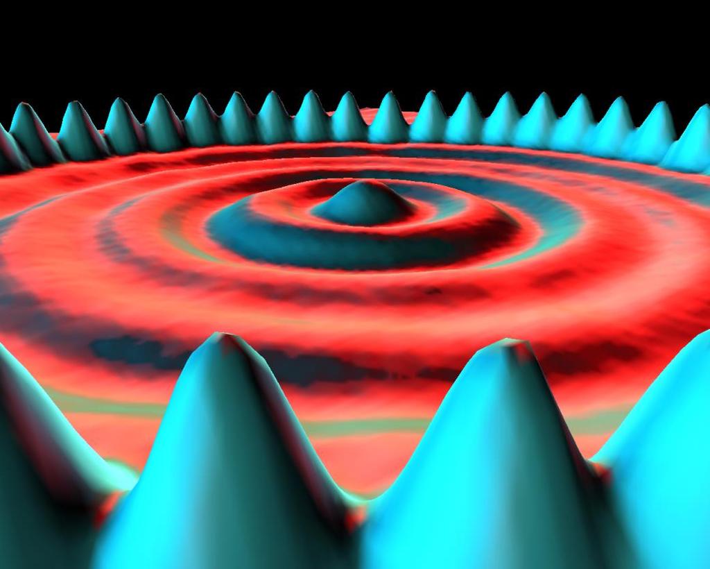 Title : Quantum Corral Media : Iron on Copper (111) The discovery of the STM's ability to image variations in the density distribution of surface state electrons created in the artists a compulsion