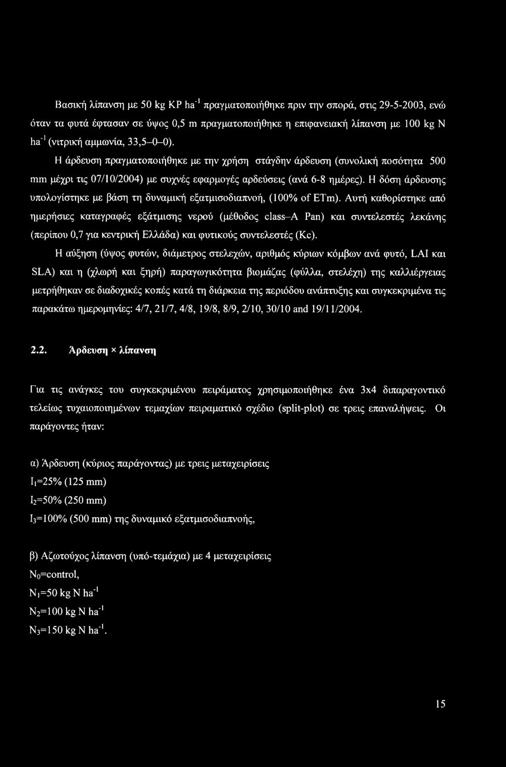 Βασική λίπανση με 50 kg ΚΡ ha'1 πραγματοποιήθηκε πριν την σπορά, στις 29-5-2003, ενώ όταν τα φυτά έφτασαν σε ύψος 0,5 m πραγματοποιήθηκε η επιφανειακή λίπανση με 100 kg Ν ha'1 (νιτρική αμμωνία,