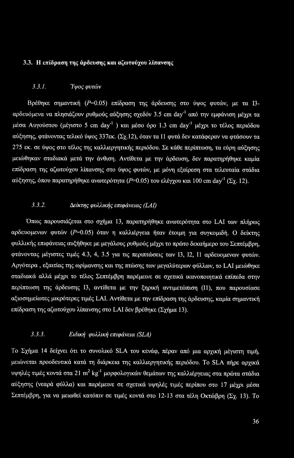 3.3. Η επίδραση της άρδευσης και αζωτούχου λίπανσης 3.3.1. Ύψος φυτών Βρέθηκε σημαντική (Ρ=0.05) επίδραση της άρδευσης στο ύψος φυτών, με τα 13- αρδευόμενα να πλησιάζουν ρυθμούς αύξησης σχεδόν 3.