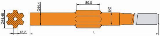 Shank Adaptor for Atlas Copco Atlas Copco Thread D (mm) L (mm) W Flushing Tube (mm) Atlas Copco BBC,BBC,BBC100 Drifting R(1 1/") T(1