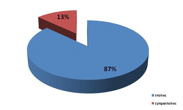 следеће експерименталне групе: глотисна (87%) и супраглотисна (13%) (Графикон