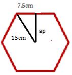 Ache o volume dun prisma hexagonal de 15 cm de lado da base e 0,5 m de altura. Nun hexágono regular, o raio e o lado son iguais. Polo tanto, o cateto menor do triángulo rectángulo sinalado é 7,5 cm.