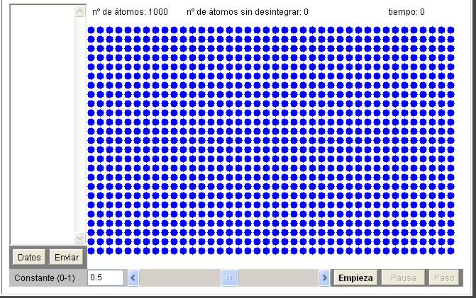 = 1/ da, edo = T / 0, 693. Desintegrazio erradiaktiboaren fenomenoa ulertzen lagunduko digun appleta dugu hemen.appletean lagin erradiaktibo baten desintegrazioren adierazpen grafikoa lor dezakegu.