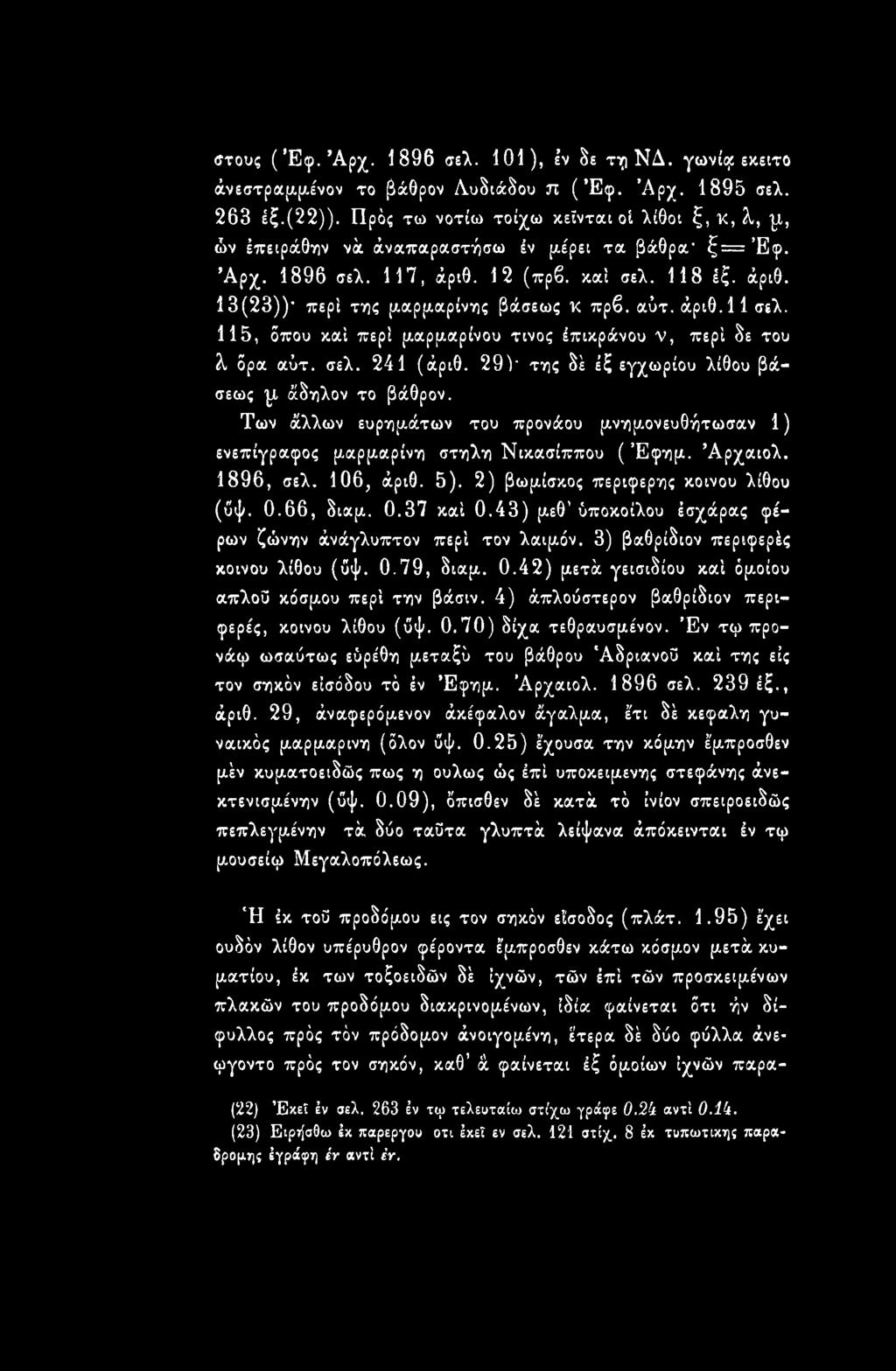 αΰτ. άριθ. 11 σελ. 115, όπου καί περί μαρμάρινου τίνος έπικράνου V, περί δε του λ δρα αύτ. σελ. 241 (άριθ. 29)' της δέ έξ εγχωρίου λίθου βάσεως μ άδηλον το βάθρον.